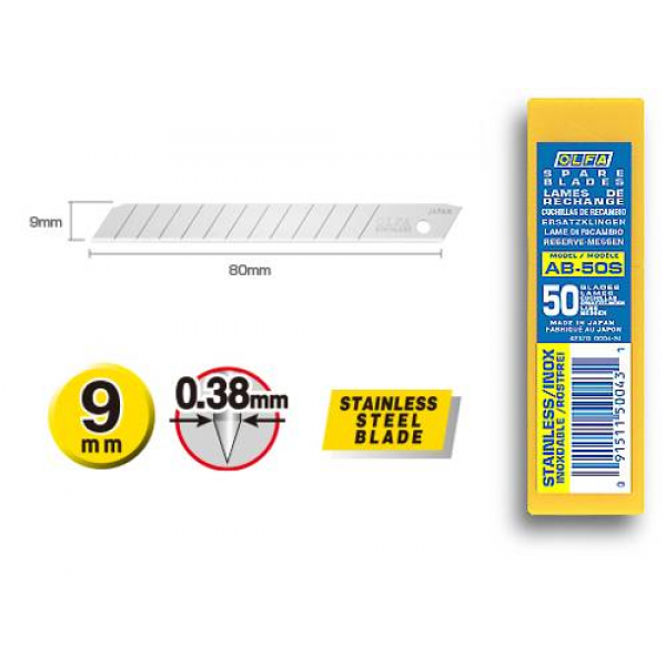 Olfa AB-50 Stainless Steel 50 Blades (9mm) - Tacura